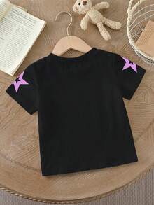 Young Girl Casual Creative Personalized Refreshing Cool Minimalist Cute Virtual Girl Group Pentagram Black Purple Patchwork Lettering Graphic Print Cozy Summer & Fall Basic Short T-Shirt, Comfortable Daily T-Shirt Anime Clothing Girls Anime T Shirt Kawaii Clothes Girls Street Wear Nova Beat