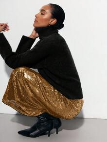 Maija Chân váy nữ dáng chữ A rộng rãi, cạp cao, ôm sát, đính sequin, phù hợp cho đi làm, công sở, thường ngày, dự tiệc, đám cưới, mùa hè, ngày Valentine, năm mới, kiểu dáng thanh lịch và thời trang. - Rượu sâm banh - Xem 5