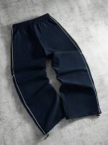 PAVTROS 男士休闲拼色抽绳直筒裤，宽松长款拼接黑色直筒运动裤，秋季 - 藏蓝色 - 查看 2