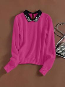 Franclia Vintage élégant pull tricoté 2 en 1 avec décoration de diamant, col, manches longues, porter décontracté tous les jours, retour à l'école, automne/hiver - Rose vif - Voir 3