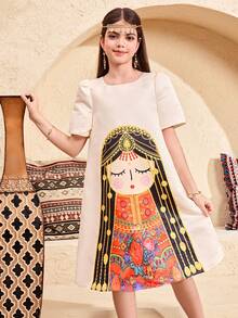 SHEIN 少女编织可爱图案圆领休闲连衣裙 - 金色 - 查看 4