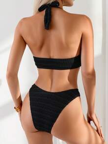 Oceva Women's 2-Piece Sexy V-Neck Halter Hollow-Out Mesh Textured Solid Color Bikini Top And Bottoms Swimsuit Set, Summer - Black - View 3