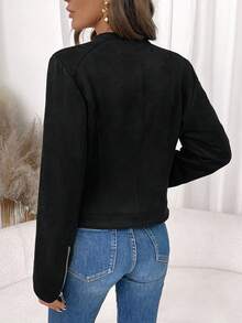 SHEIN Clasi Winter Clothes For Women,Slim Fit Zip-Up Fleece Jacket With Lining, Black High Collar Casual Street Style Long Sleeve Women's Jacket For Autumn/Winter Black Jacket Women Cropped Jacket Black Crop Jacket Jackets For Women Casual Black Blazer Women,Cozy Fall And Winter Clothes For Womenwinter Christmas New Year Party Casual Elegant