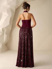 Coutiva Luxury Sequin Embellished Formal Gown, High-End Elegant Party Dress - Burgundy - View 2