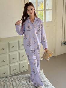 DAZY Tween Girl Floral Print Long Sleeve Button-Up Pocket Top And Pants Pajama Set Spring - Purple - View 4