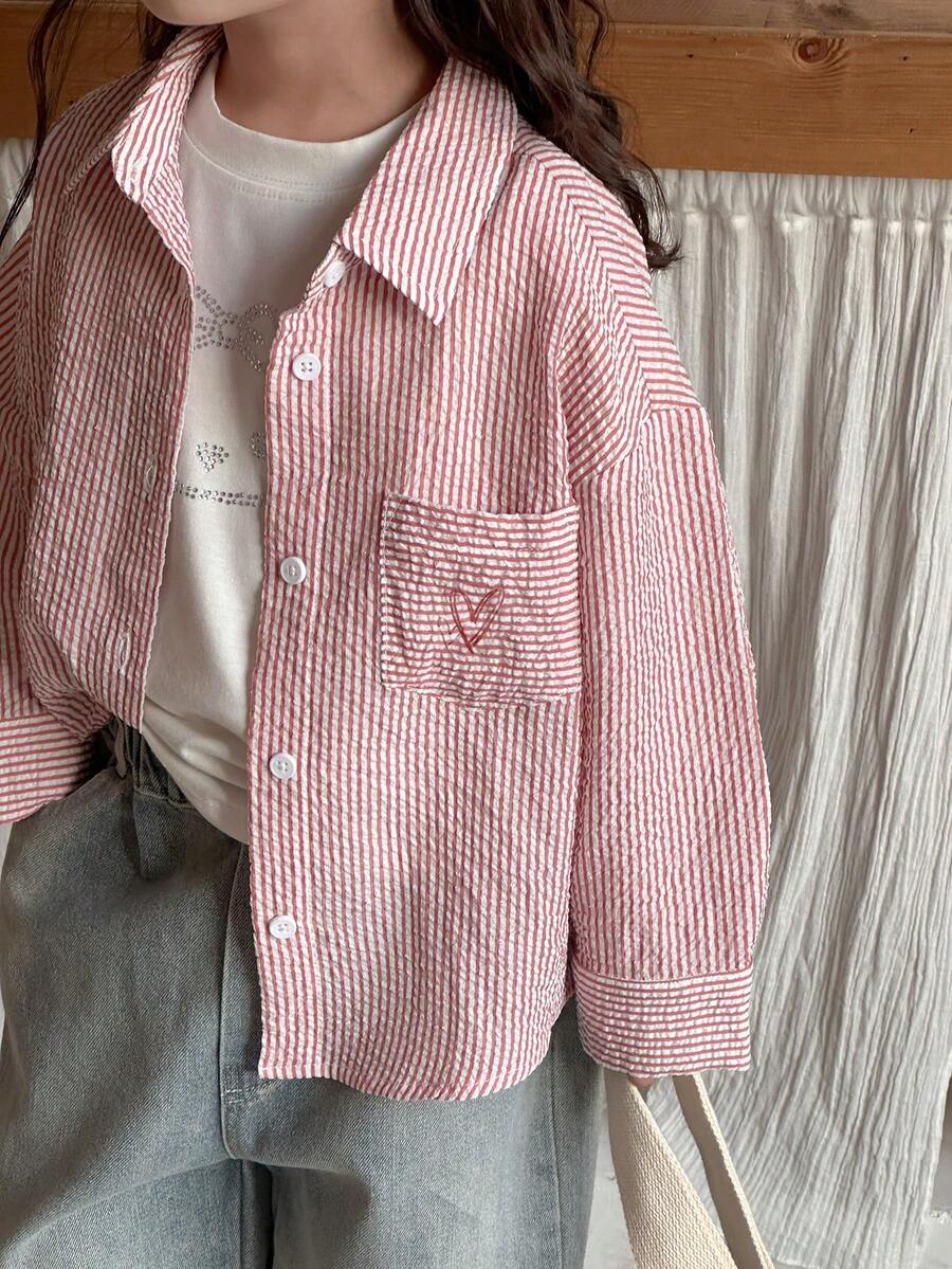 DAZY Young Girl Striped Drop Shoulder Long Sleeve Single-Breasted Casual Pocket Shirt - Pink - View 1
