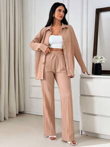 Beige Lounge Set With Gold Button Top And Wide-Leg Pants - Beige - View 3
