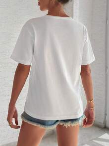 EURMUSE 100%Cotton T-Shirt With Flower Embroidery, Round Collar, Pocket Details - White - View 2