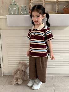 DAZY Baby Girls' Striped Short Sleeve Polo Shirt Spring - Coffee Brown - View 5