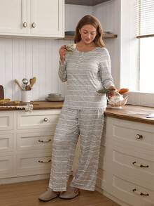Doze Lane Plus Size American Casual Striped Crew Neck Long Sleeve Top And Straight Leg Pants Women Pajama Set Long Sleeve Pj Set Knit Pajama Set Women Lounge Set Long Sleeve Lounge Set Women's Lounge Set - Grey - View 4