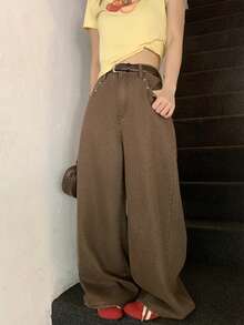 DAZY Women's Loose Wide Leg Washed Denim Jeans With Star Design - Brown - View 2