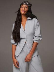 Athîral 女士休闲蓝色衬衫上衣和裤子两件套 - 藍色 - 查看 5