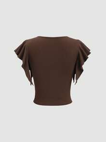 Sweetra 深V领棉混纺修身T恤，喇叭袖，春夏款 - 咖啡棕 - 查看 2