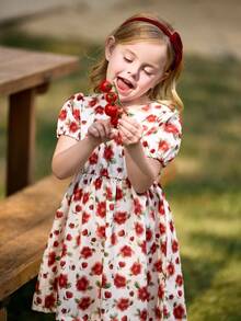 SHEIN Vintage Floral Print Puff Sleeve Dress With Bow Back For Young Girls, Suitable For Spring/Summer And Outdoor Vacation - Red and White - View 2