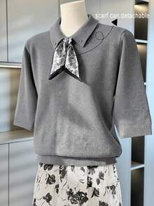 Franclia Women's Spring/Summer Gray Simple Versatile Scarf Tie Fashionable High-End Design Button Lapel Raglan Half Sleeve Casual Knit Pullover Sweater - Grey - View 1