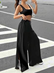 SHEIN EZwear 音樂節款式流蘇高開叉寬腿褲和無縫方領背心套裝 - 黑色 - 查看 1