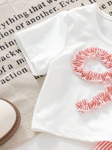 SHEIN 2件套女婴幼儿/新生儿0-3岁可爱休闲条纹蝴蝶结装饰T恤+条纹裤套装，婴儿Morandee蓝色套装，春夏款 - 紅色 - 查看 6