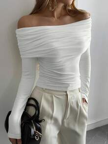 DAZY 女士露肩修身T恤，秋冬新品 - 白色 - 查看 4