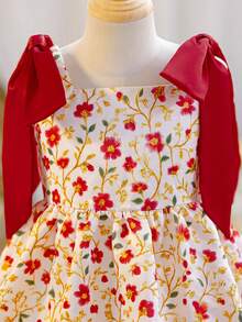 SHEIN Young Girl Ditsy Floral Slip Princess Dress,White Summer Party Flower Girl Dress,Woven Contrast Color Square Neck Cherry Dress For Kids Daily Wear - Hot Pink - View 9