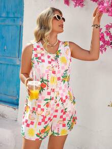 Vivid Eden Bộ đồ thể thao nữ cỡ lớn, kiểu dáng thường ngày, áo sơ mi cài cúc phía trước và vạt áo thắt nơ, gồm áo và quần short, in họa tiết bãi biển, thích hợp cho mùa xuân/hè. - Nhiều màu - Xem 7