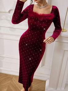 Modelyn Women's Long Sleeve Fitted Knit Dress, Suitable For Autumn/Winter Outfits - Red - View 6