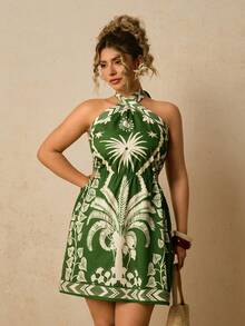 Travachic Plus Size Women Green Coconut Tree Print Dress, Criss-Cross Halter Neck Backless Dress, Hollow Out Waist Short Dress Tropical Dress Palm Tree Dress - Green - View 6