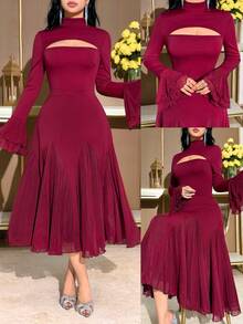 Modelyn Women's Elegant Party Stand Collar Hollow Out Flare Sleeve Midi Dress Party Outfit - Burgundy - View 2