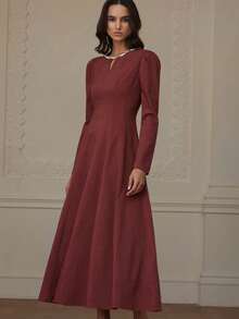 Chiquease Women's Keyhole Neck Fashionable Design Casual High-End Elegant Long Sleeve Solid Color Dress - Burgundy - View 3