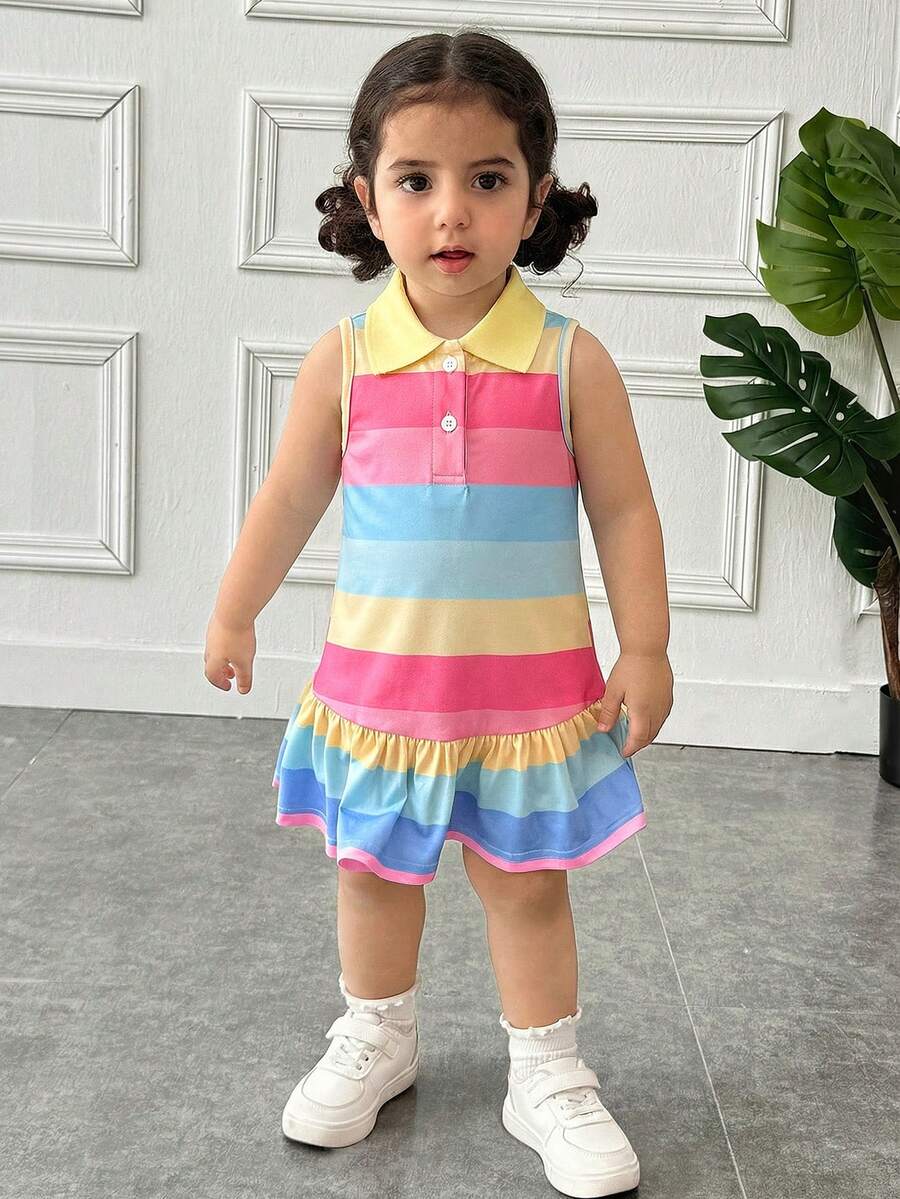 Young Girl Casual Home Combination Sweet Cute Rainbow Striped Button-Up Collar Sleeveless Patchwork Ruffle Hem A-Line Dress T-Shirt Dress Polo Dress - Multicolor - View 1