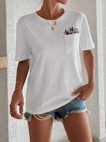 EURMUSE 100%Cotton T-Shirt With Flower Embroidery, Round Collar, Pocket Details - White - View 5