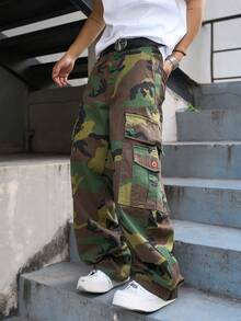 Manfinity Roghcode 男士工装迷彩休闲宽松牛仔阔腿裤 - 軍綠色 - 查看 6