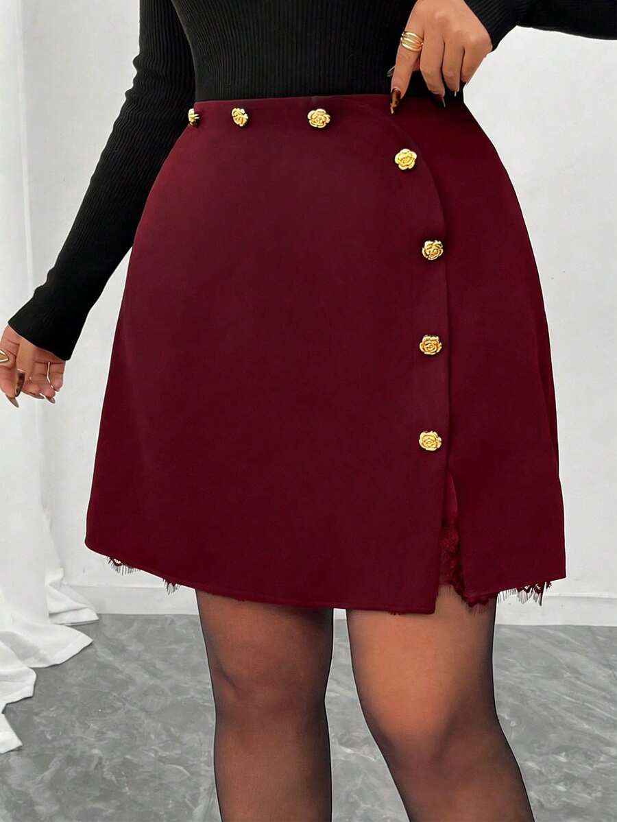 Elenzga Chân váy nữ cỡ lớn thanh lịch với viền ren, cúc kim loại hình hoa và khóa kéo, phù hợp cho việc đi làm. - Màu Đỏ Sâu - Xem 1