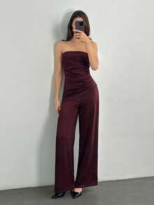 SHEIN Tall 春夏优雅通勤缎面酒红色不对称下摆抹胸上衣搭配简约宽松阔腿裤套装，优雅套装，新年女装，优雅女士套装，酒红色套装，酒红色套装，派对装，圣诞装，秋季女装 - 酒紅色 - 查看 7