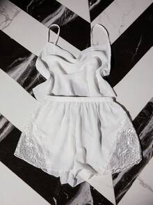 SilkySpell Sexy Lace Trim Sheer Mesh Camisole Top, Hollow-Out Delicate Sleepwear Set - White - View 3