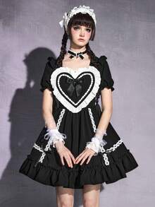 ROMWE Goth 女士哥特式爱心A字荷叶边洛丽塔连衣裙 - 黑色 - 查看 5