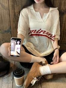 DAZY Teen Girl Letter Print Hollow Out Loose Fit Pullover Sweater - Apricot - View 1