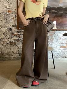 DAZY Women's Loose Wide Leg Washed Denim Jeans With Star Design - Brown - View 11