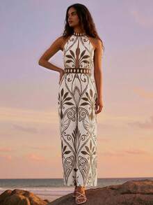 CAJUNI Bộ jumpsuit nữ gợi cảm hở lưng, buộc dây phía trước, ống rộng, in họa tiết toàn thân, phong cách nghỉ dưỡng. - Nhiều màu - Xem 4