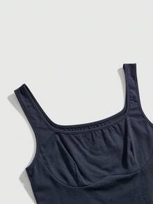 ROMWE Áo nữ không tay cổ vuông màu trơn, kiểu dáng tối giản, xẻ tà bên hông. - Màu xanh hải quân - Xem 5