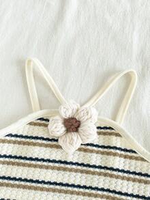 SHEIN Vintaside Kids Young Girl' Fashionable Sweet Rainbow Striped Spaghetti Strap Backless Dress, Summer Vacation Outfit - Khaki - View 7