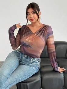 SHEIN Privé 大码女士优雅简约时尚性感连体衣，适合通勤、音乐节、度假等场合，不对称领口，垂坠设计，弹力长袖，秋冬季款 - 彩色 - 查看 4