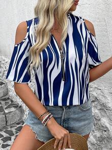 Breezaya Vacation Style Open Shoulder Color-Blocked Printed Blouse For Leisure - Blue - View 5