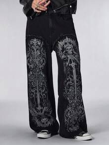 ROMWE MEN Goth 男士深色骷髅印花口袋休闲直筒牛仔裤 - 黑色 - 查看 5