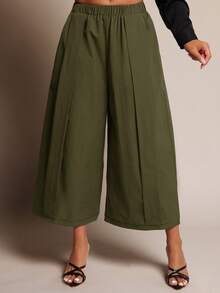 Vixey Elastic Waistband Panel Detail Culotte Office Pants - Olive Green - View 2