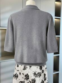 Franclia Women's Spring/Summer Gray Simple Versatile Scarf Tie Fashionable High-End Design Button Lapel Raglan Half Sleeve Casual Knit Pullover Sweater - Grey - View 2