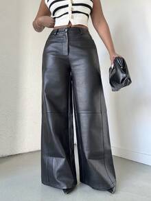 Alexandranx 仿皮阔腿中腰裤 性感外出 秋季 夜晚 冬季 可爱 街头风 感恩节 - 黑色 - 查看 4