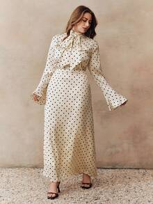 Anewsta 大码女装两件套，优雅通勤度假风，波点印花立领蝴蝶结装饰长袖荷叶边袖口上衣 + 高腰直筒裙，适合春季、夏季、外出、优雅、正式、派对、时尚、新年、圣诞节、毕业典礼等场合。 - 黑與白 - 查看 5