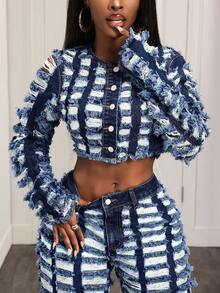 Slaydiva Women's Distressed Long Sleeve Single-Breasted Cropped Casual Denim Jacket Ripped Cropped Jacket - Grey - View 1