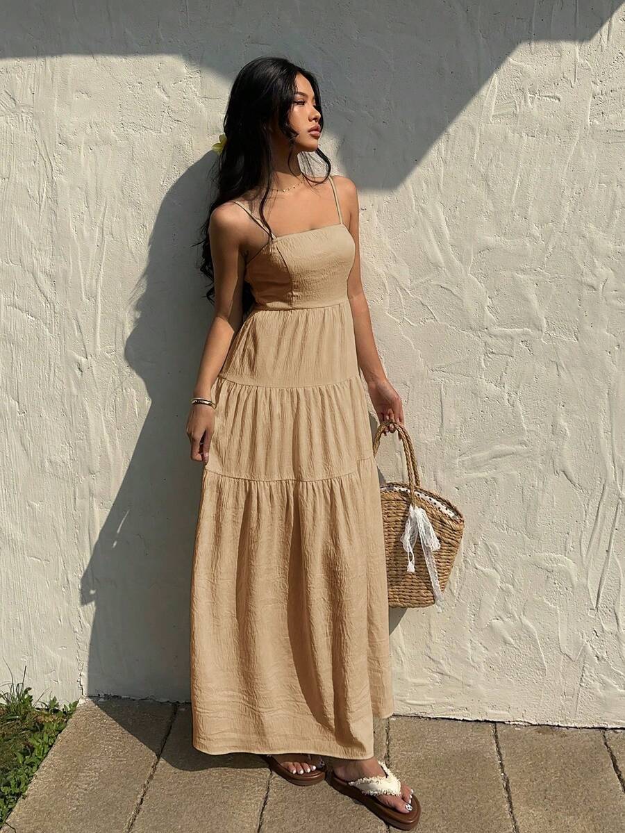 Sunnyshic Đầm hai dây xếp ly dáng rộng, chất liệu vải họa tiết quả mơ, có dây rút, kiểu dáng đi nghỉ mát. - Màu Khaki - Xem 1