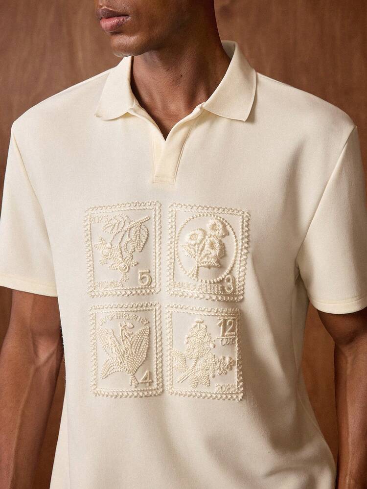 Men's Casual Apricot Embroidered Short Sleeve Polo Shirt, Summer Cream Outfit Men College Style Pattern Polo Men Bruno Mars Men's Resort Wear Sumwon Men's Knitted Polo F1 Men's Gold Shirt